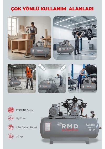 R.m.d Kompresör Pistonlu Hava Kompresörü 600 Lt 3 Kafa 8 Bar 10 Hp I Paı600b