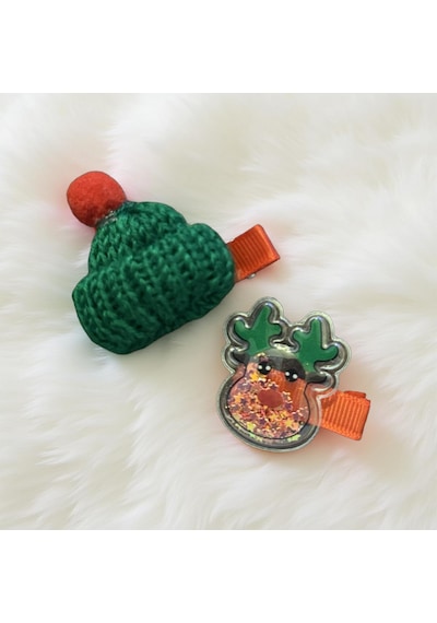 Noel Temalı 2'li Toka Seti Şapka + Geyik Christmas Hair Clip Set-209 Kırmızı