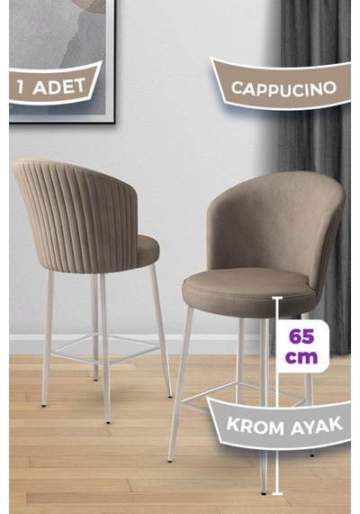 Canisa Alte Serisi 1 Adet Babyface Kumaş 65 Cm Krom Kaplama Ayaklı Cappucino Bar Sandalyesi Cappucino Sandalye Krom Kaplama Ayak