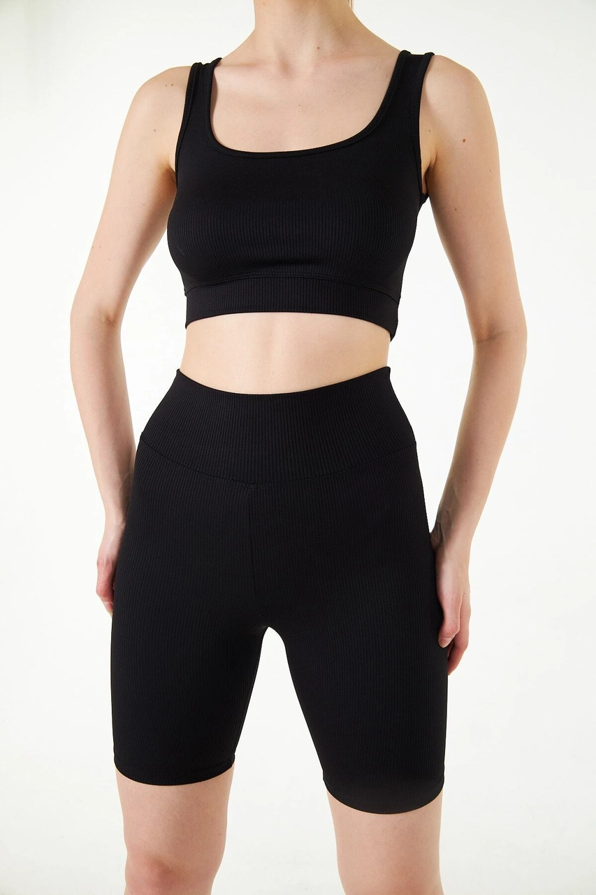 Thiff Gymwear Haki Yüksek Bel Toparlayıcı Kısa Şort Spor Fitilli Biker Tayt Siyah