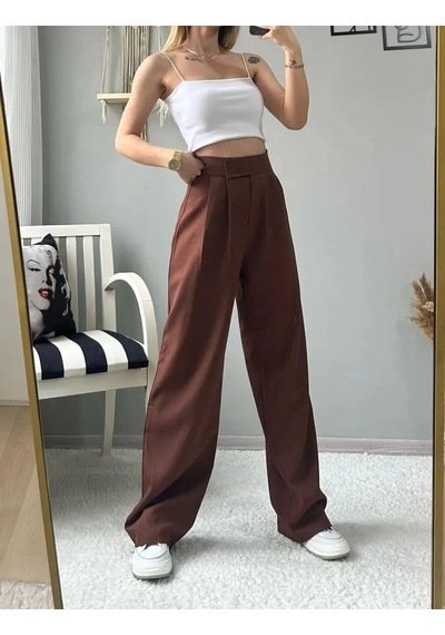 Thiff Gymwear Kadın Likralı Cırt Kapama Lacivert Geniş Paçalı Rahat Palazzo Pantolon Kahverengi