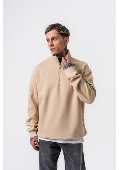 Erkek Respire Yazı Detaylı Yarım Fermuarlı Basic Sweatshirt Bej