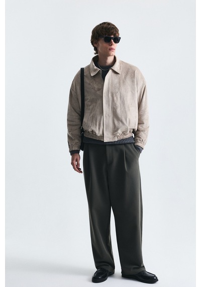Vamos Oversize Polo Yaka Suni Süet Mont Bej