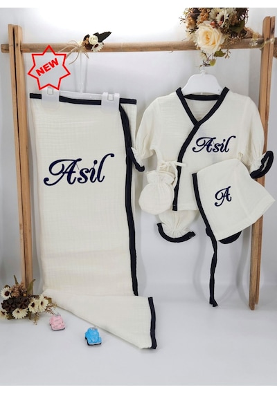 Gros Shop Yeni Doğan Burümcük Müslin Kumaş %100pamuk 5 Li Hastane Çıkış Set Ekru