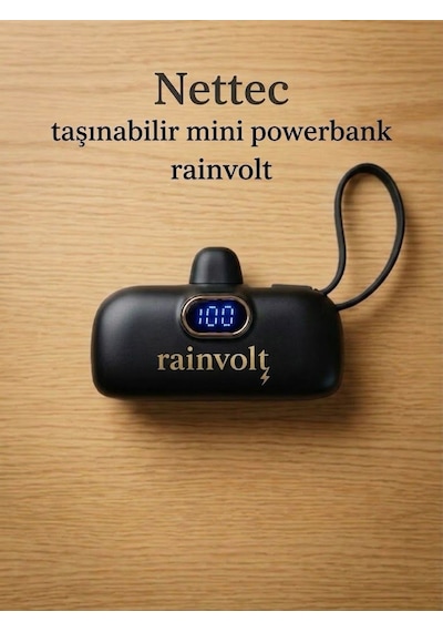 Rainvolt Mini Kapsül Powerbank Led Dijital Göstergeli & Dahili Kablolu Taşınabilir Şarj Cihazı siyah