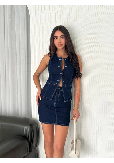 Moda Kot Jeans Etekli İkili Takım - Lacivert Çok Renkli