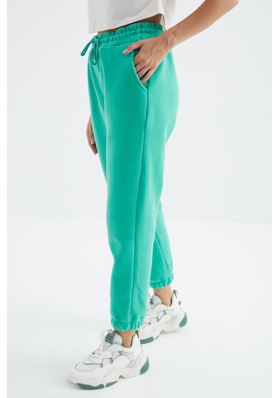 Tommy Life Deniz Yeşili Yüksek Bel Basic Bağcıklı Jogger Polar Kadın Eşofman Alt - 94622 Yeşil