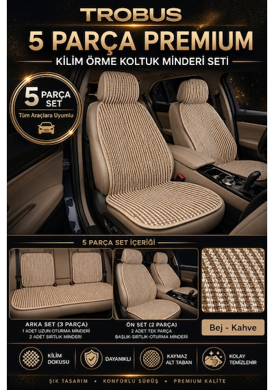 Honda Civic 1999-2006 Üniversal Premium Örme 5 Parça Minder Terletmez Kaymaz Taban Bej