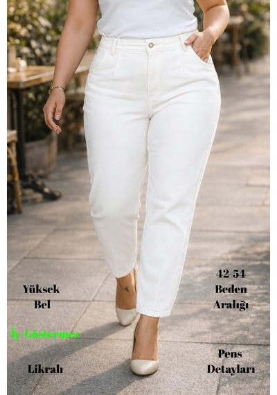 Cedy Denim Mom Fit Jean Büyük Beden Yüksek Bel Carrot Kesim Dar Paça Pileli Esnek Kot Pantolon C600 Beyaz-300