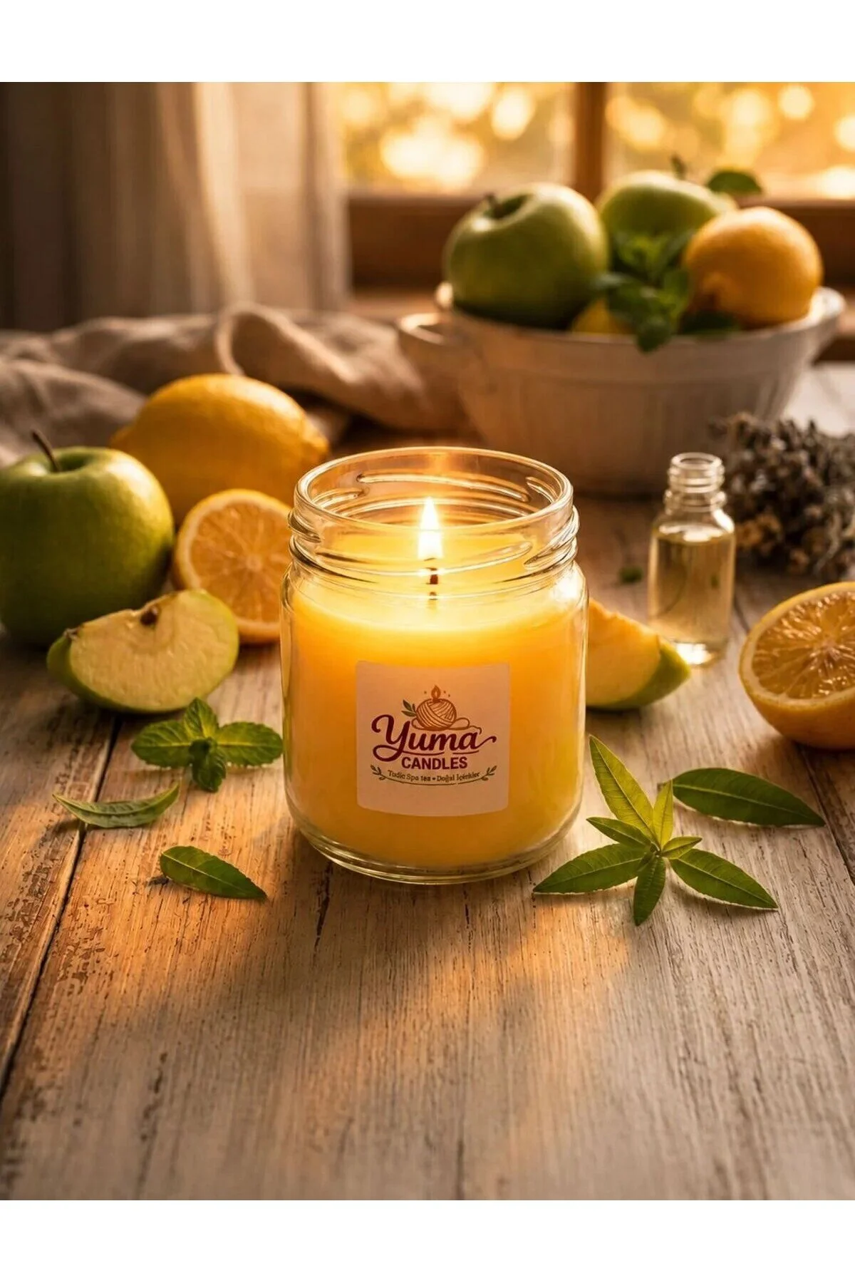 Yeşil Elma Ve Limon Kokulu %100 Soya Wax 200cc Kapaklı Cam Kavanoz Mum Sarı