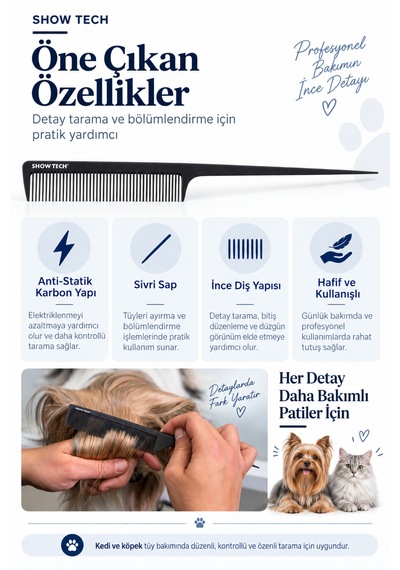Showtech Sivri Saplı Karbon Anti-statik Kedi Köpek Örgü Tarağı