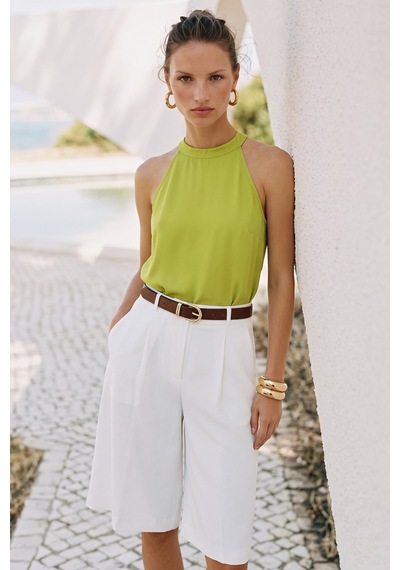 Sateen Halter Yaka Bluz - Yağ Yeşili-137727
