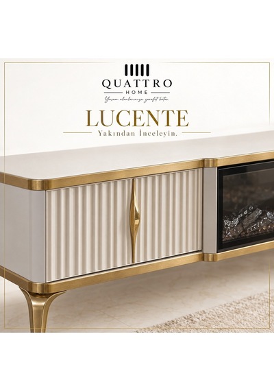 Lucente Elektrikli Şömineli Tv Ünitesi Krem Gold Modern Tasarım 160 Cm