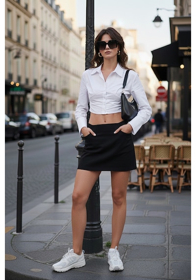 Lela Fitted Fit Pamuklu Korse Detaylı Uzun Kollu Crop Bayan Gömlek 611Go00376 Beyaz