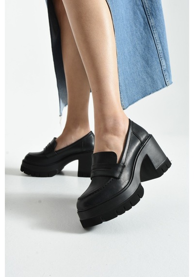 Dabab Shoes Loftıa Kadın Siyah Cilt Chunky Topuklu Loafer Siyah - Siyah