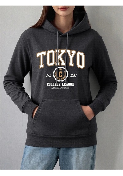Startmore Tarzsokak Tokyo Kolej Ligi Baskılar Hoodie Kadın Kış Polar Sıcak Kazak Temelleri Cep Kazak Rahat Rahat Antrasit