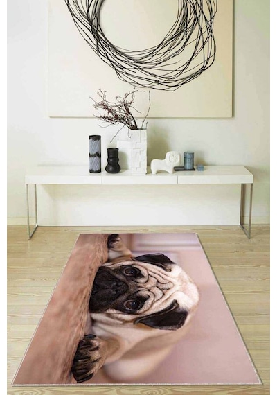 Bej Köpek Pug Desenli Kaymaz Tabanlı Dekoratif Halı Rv327n11