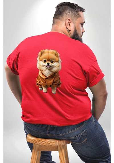 Angemiel Teacup Pomernian Çeket Büyük Beden Kırmızı Tişört Kadın Erkek Ünisex Sırt Baskılı Kırmızı