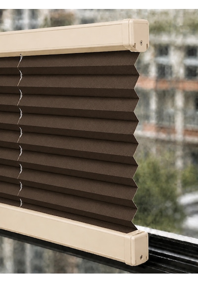 Plise Perde Kahverenk Kumaş + Krem Profil Kasa Cam Balkon Perdesi