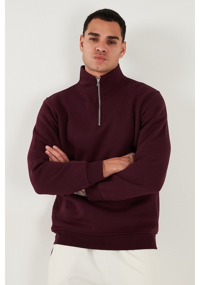 Buratti Pamuklu Regular Fit Yarım Fermuarlı Dik Yaka Erkek Sweat 59052592 Vişne
