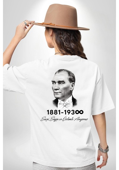 Atatürk 10 Kasım Anma Beyaz Oversize Unisex Ön Ve Sırt Baskılı Tişört Beyaz