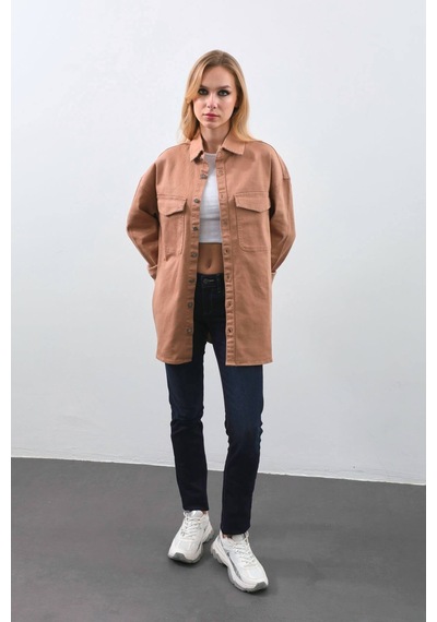 Kadın Oversize Jean Gömlek Bej 001