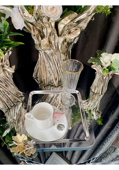 Atabey Home Collection 2 Adet Kahve & Çay & Sunum Tepsisi Metal Döküm Gümüş Tepsi Kelebek Aksesuarlı