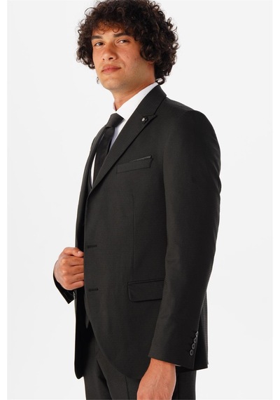 Süvari Siyah Slim Fit Armürlü Sivri Yaka 6 Drop Yelekli Klasik Takım Elbise Süvari Siyah Slim Fit Armürlü Sivri Yaka 6 Drop Yelekli Klasik Takım Elbise