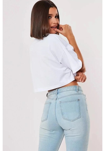 Startmore Beyaz %100 Pamuk Bisiklet Yaka Oversize Crop T-shirt Beyaz