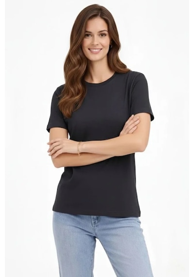 De'charme Bisiklet Yaka Tişört Regular Kalıp Basic Pamuklu Günlük Kullanım T-shirt - Füme