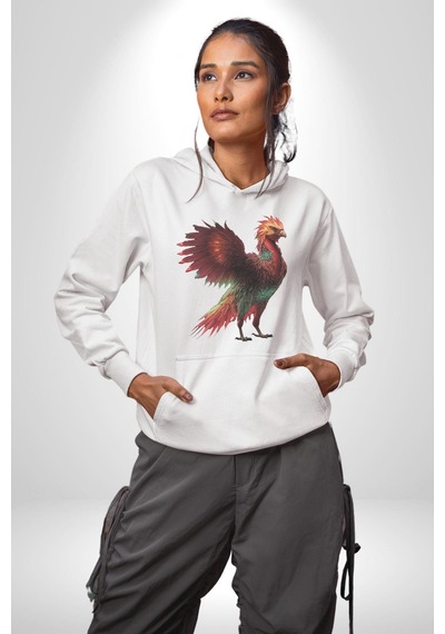 Anka Kuşu Ateş Kuşu Kadın Erkek Beyaz Kapüşonlu Sweatshirt Hoodie Beyaz
