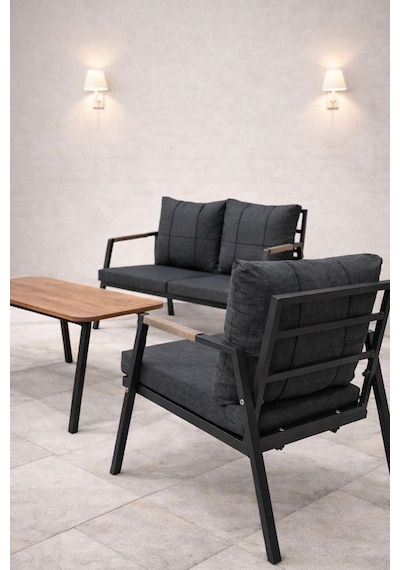 Mb Garden Furnıture Dream Balkon, Bahçe Takımı, Cafe, Metal Kanepe, Koltuk Takımı, Bahçe Mobilyası, 2+1+1 Sehpalı Siyah