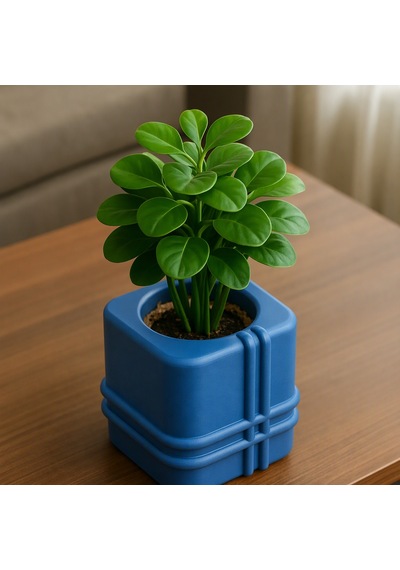 3d Baskı Square Planter - Izgara Desenli Küp Saksı-mavi