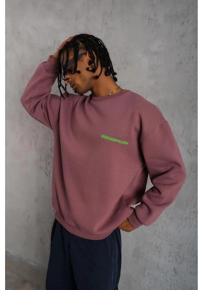 Erkek Bisiklet Yaka Baskılı 3 İplik Pamuklu Sweatshirt - Gül Kurusu Gülkurusu