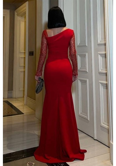 DefyModa Kadın Asimetrik Yaka Taş Detaylı Maxi Abiye Elbise Kırmızı