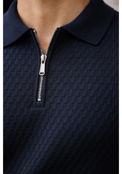 Erkek Fermuarlı Polo Yaka Triko Tişört Slim Fit Dokulu Yazlık Şık Casual Lacivert