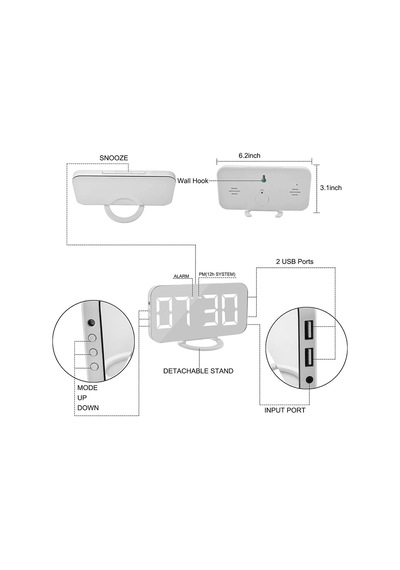 Aynalı Led Dijital Saat 2 Usb Hızlı Şarj Alarmlı Masa Saati Diğer