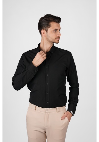 Siyah Yaka Düğmeli Premium Şamre Slimfit Erkek Gömlek Siyah Siyah Yaka Düğmeli Premium Şamre Slimfit Erkek Gömlek Siyah