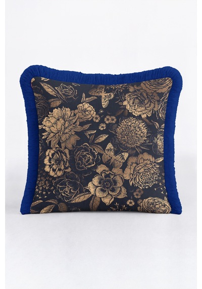 Çiçekli Vintage Floral Saçaklı Yastık Kılıfı - Botanik Lacivert Bej Lacivert Püsküllü Kırlent Kılıfı Sessiz Ufuk Mira