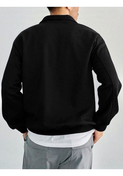 Harmandar Siyah Erkek Baskısız Dik Yaka Yarım Fermuarlı Düz Kazak Sweatshirt Siyah