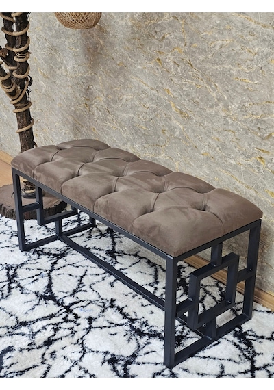 Zafir Siyah Boyalı İçi Kareli Diktörtgen 100 Cm X 40 Cm Oturak Puf - Bench - Makyaj Oturağı - Oturak Kahverengi