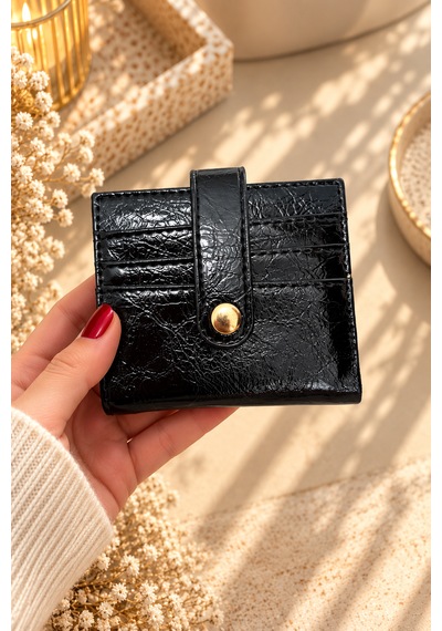 Elpida Bags Kadın Siyah Deri Görünümlü Çok Bölmeli Çıtçıtlı Kartlık & Cüzdan SİYAH