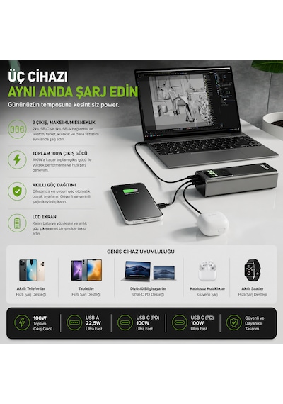 Sbs 20.000 Mah 100w Power Delivery Powerbank Lcd Ekran 2x Usb-c Pd 100w + Usb-a 22.5w Dizüstü Bilgisayar Uyumlu Silver-Gri Sbs 20.000 Mah 100w Power Delivery Powerbank Lcd Ekran 2x Usb-c Pd 100w + Usb-a 22.5w Dizüstü Bilgisayar Uyumlu Silver-Gri