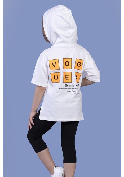Toontoy Kids Toontoy Kız Çocuk 2'li Takım Baskılı Kapüşonlu Cepli Kısa Kollu Yırtmaçlı Sweatshirt & Basic Düz Crop Tayt Ekru