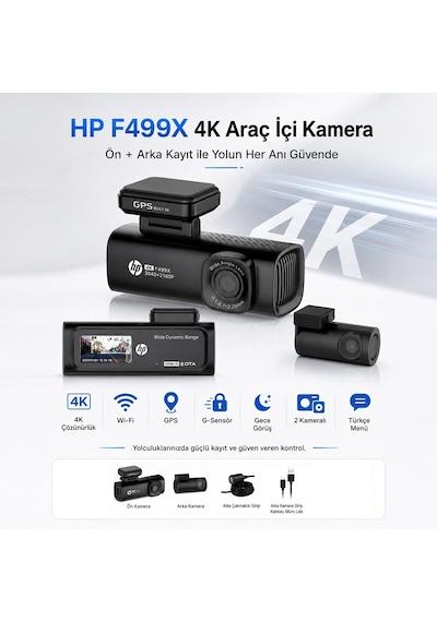Hp F499x 4k Wdr, Araçiçi Ön + Arka Kamera, 1.5 Inch Renkli Lcd Ekran, Gps Li, Wi-fi Destekli