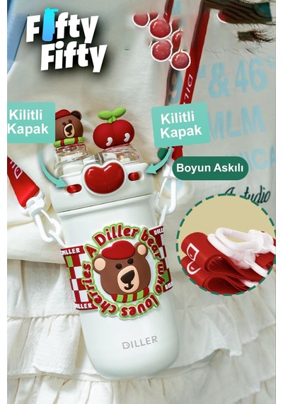 Dıller 520 Ml Tek Kapak Çift Kullanım Pipetli/pipetsiz Boyun Askılı/çelik Termos -ffdıllerd93renk Kırmızı
