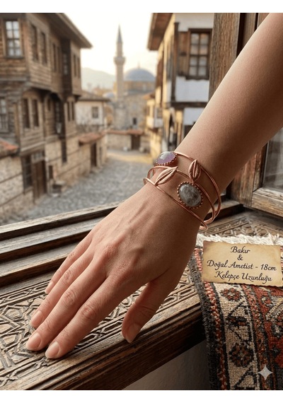 Premium Doğal Ametist Taşlı Saf Bakır Manşet Bileklik 18 Cm Spiritüel Ve Elegan Bir Dokunuş