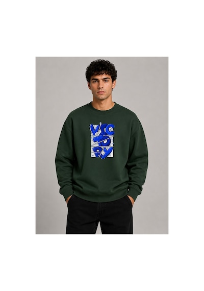 Herkesemoda Victory Baskı Detaylı Bisiklet Yaka Şardonlu 2 İplik Sweatshirt Yeşil