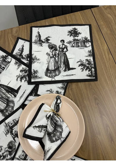 Toile De Jouy Paris Amerikan Servis 6 Lı Set 30x30 Cm %100 Pamuk Dijital Baskılı Klasik Fransız Tarzı Masa Dekoru - Zt720 Siyah