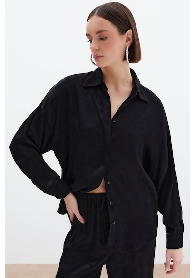 Sateen Jakarlı Saten Gömlek - Siyah-136036 Siyah